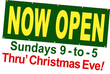 Green Banner announcing Fallowfield Tree Farm will be open Sundays from 9 am to 5 pm until Christmas Eve 2018