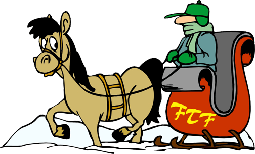 Cartoon of a tan horse pulling reddish-colored sleigh with driver, and the intitals "FTF" on the side (for Fallowfield Tree Farm)