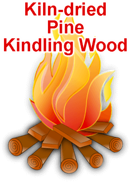 graphic of a wood fire with 'Kiln-dried Pine Kindling Wood" in red imposed over it - from Fallowfileld Ottawa Tree Farm