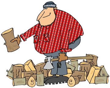 Cartoon of a big guy with an ax, wearing a red plaid shirt and a beanie cap with "Fallowfield" on the brim, getting ready to chop a large pile of wood