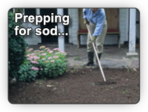 Photo of a person carefully raking the topsoil bed in preparing a lawn area for sod - from Fallowfield Tree Farm